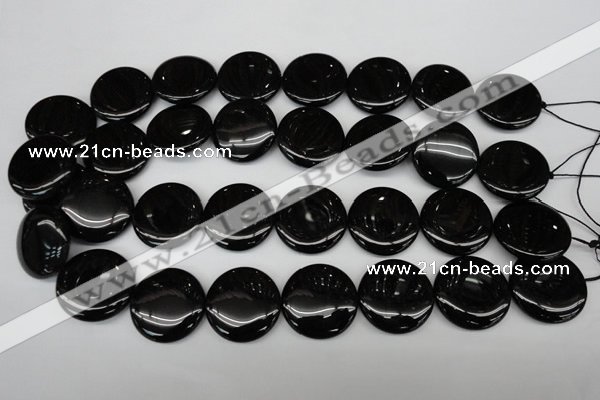 CAG4016 15.5 inches 25mm flat round black agate beads