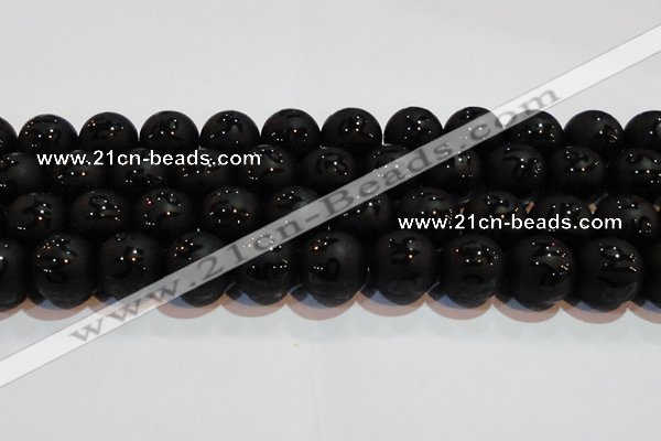 CAG6006 15.5 inches 16mm carved round matte black agate beads