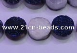 CAG8376 7.5 inches 18mm coin blue plated druzy agate beads