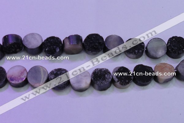 CAG8397 7.5 inches 25mm coin black plated druzy agate beads