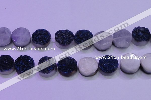 CAG8416 7.5 inches 35mm coin blue plated druzy agate beads