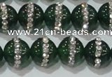 CAG8623 15.5 inches 14mm round green agate with rhinestone beads