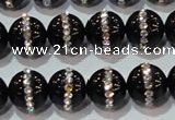 CAG8630 15.5 inches 8mm round black agate with rhinestone beads