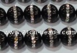 CAG8631 15.5 inches 10mm round black agate with rhinestone beads