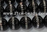 CAG8633 15.5 inches 14mm round black agate with rhinestone beads