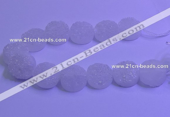 CAG9434 7.5 inches 25mm coin white plated druzy agate beads