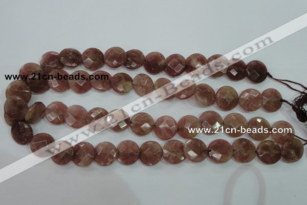 CBQ243 15.5 inches 14mm faceted coin strawberry quartz beads