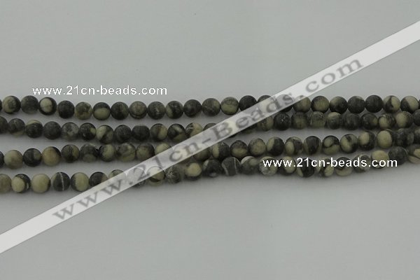 CBW161 15.5 inches 6mm round matte black fossil jasper beads