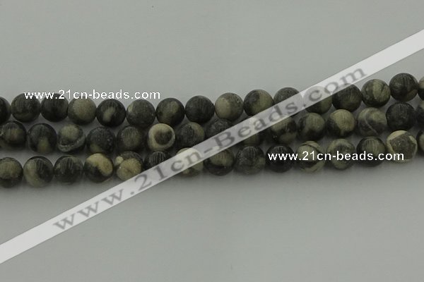 CBW164 15.5 inches 12mm round matte black fossil jasper beads