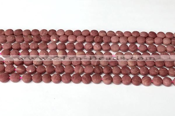 CCB1411 15 inches 6mm faceted coin pink wooden jasper beads