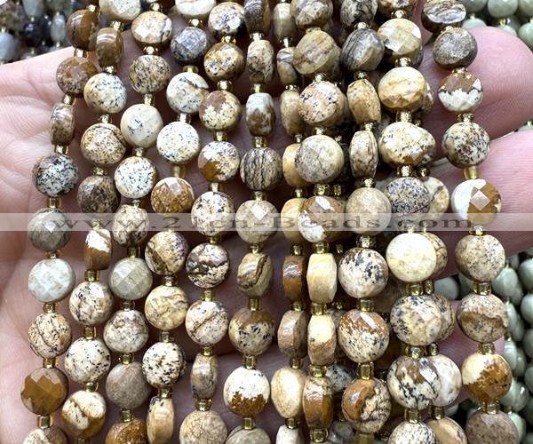 CCB1795 15 inches 6mm faceted coin picture jasper beads