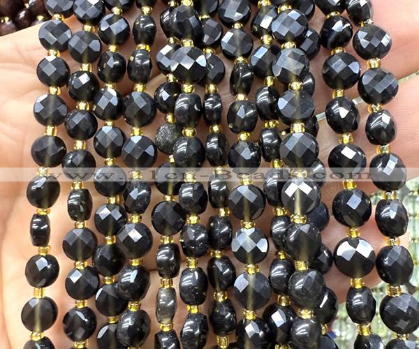 CCB1825 15 inches 6mm faceted coin black obsidian beads