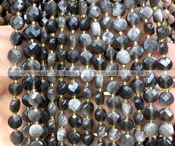 CCB1826 15 inches 6mm faceted coin silver obsidian beads