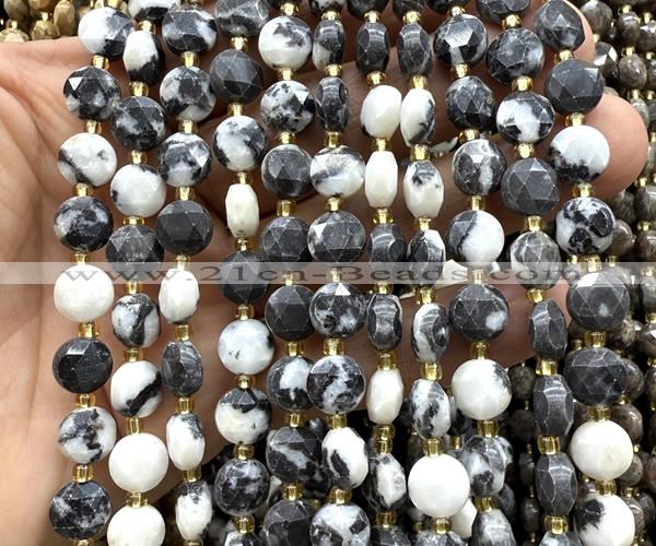 CCB1995 15 inches 8mm faceted coin black & white jasper beads