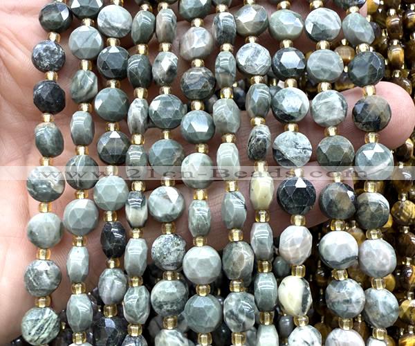 CCB1996 15 inches 8mm faceted coin green wood grain jasper beads