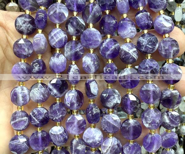 CCB2084 15 inches 10mm faceted coin dogtooth amethyst beads