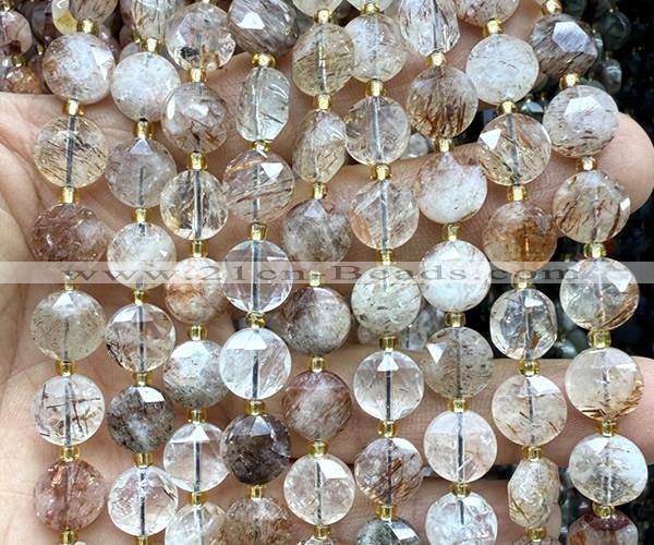 CCB2092 15 inches 10mm faceted coin black gold rutilated quartz beads