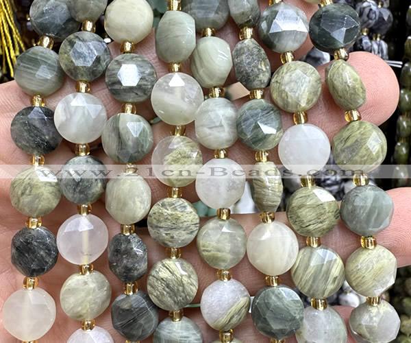 CCB2096 15 inches 10mm faceted coin seaweed quartz beads