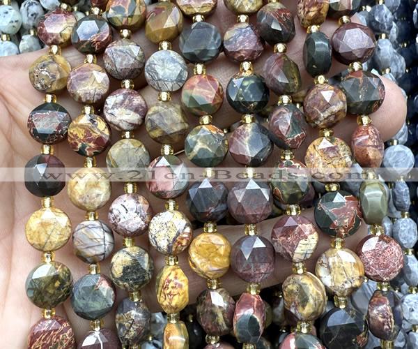 CCB2141 15 inches 10mm faceted coin picasso jasper beads