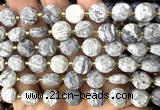 CCB2142 15 inches 10mm faceted coin grey picture jasper beads