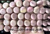 CCB2263 15 inches 15mm flat round matte pink wooden jasper beads