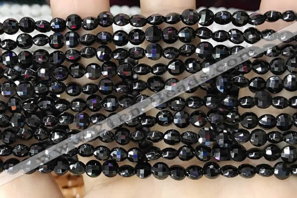 CCB549 15.5 inches 4mm faceted coin black tourmaline beads