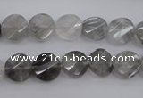 CCQ271 15.5 inches 10mm faceted & twisted coin cloudy quartz beads