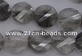 CCQ273 15.5 inches 15mm faceted & twisted coin cloudy quartz beads