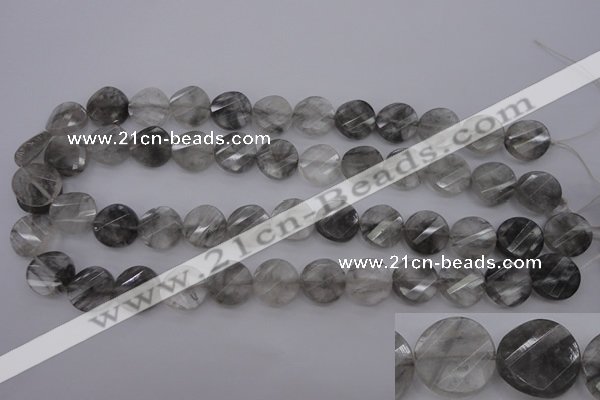 CCQ273 15.5 inches 15mm faceted & twisted coin cloudy quartz beads