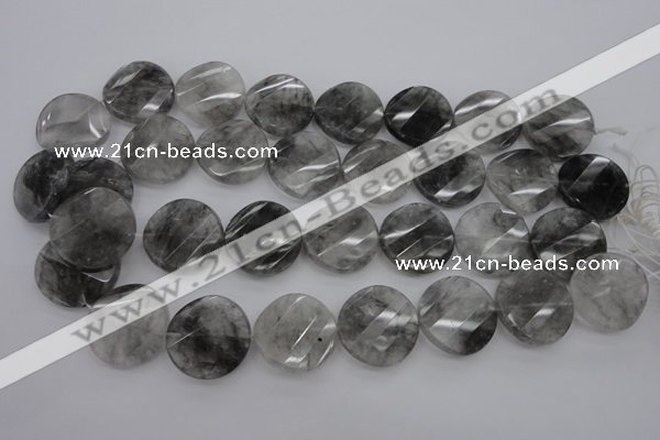 CCQ275 15.5 inches 25mm faceted & twisted coin cloudy quartz beads