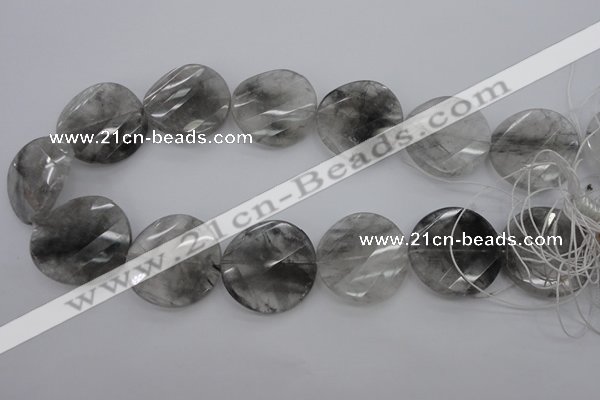 CCQ276 15.5 inches 30mm faceted & twisted coin cloudy quartz beads