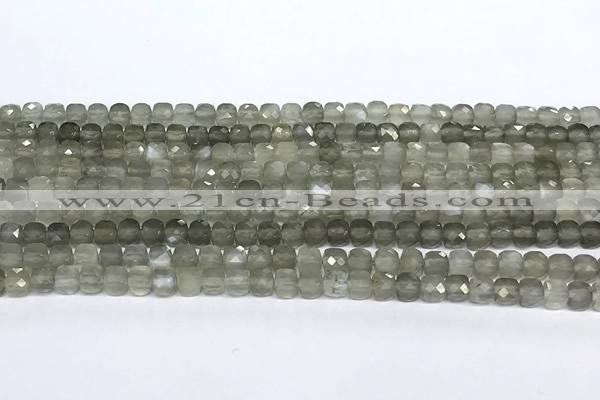 CCU1017 15 inches 4mm faceted cube grey moonstone beads