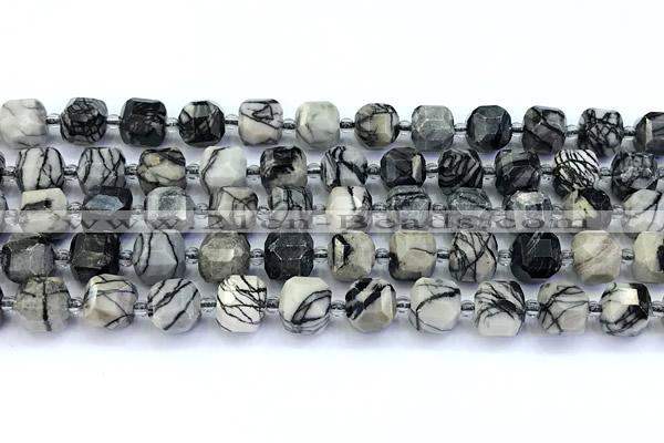 CCU1289 15 inches 9mm - 10mm faceted cube black water jasper beads