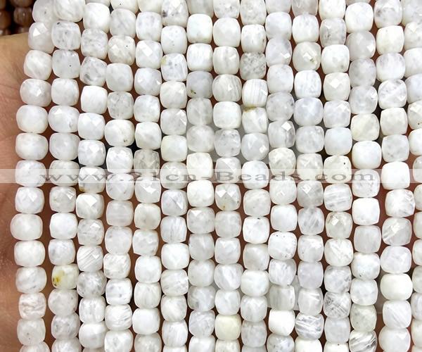CCU1826 15 inches 4mm faceted cube white moonstone beads