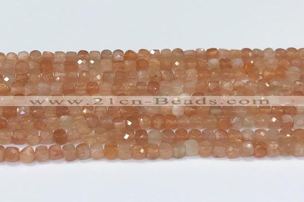 CCU849 15 inches 4mm faceted cube golden sunstone beads