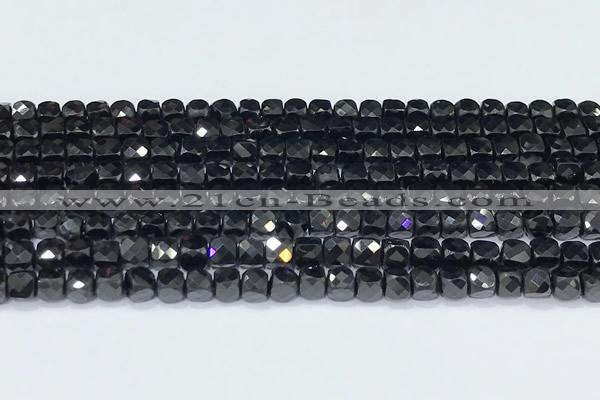 CCU855 15 inches 4mm faceted cube black spinel beads