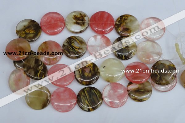 CCY214 15.5 inches 30mm flat round volcano cherry quartz beads