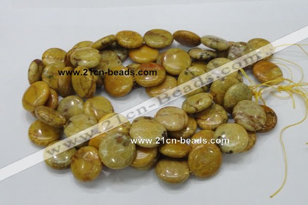 CFA44 15.5 inches 25mm flat round yellow chrysanthemum agate beads