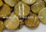 CFA56 15.5 inches 20mm twisted coin yellow chrysanthemum agate beads