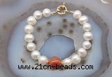 CFB1039 Hand-knotted 9mm - 10mm potato white freshwater pearl & red banded agate bracelet