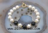 CFB1057 Hand-knotted 9mm - 10mm potato white freshwater pearl & black obsidian bracelet