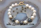 CFB1058 Hand-knotted 9mm - 10mm potato white freshwater pearl & snowflake obsidian bracelet