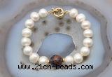 CFB1059 Hand-knotted 9mm - 10mm potato white freshwater pearl & mahogany obsidian bracelet