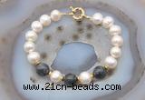 CFB1061 Hand-knotted 9mm - 10mm potato white freshwater pearl & black labradorite bracelet