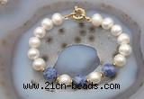 CFB1063 Hand-knotted 9mm - 10mm potato white freshwater pearl & blue spot stone bracelet