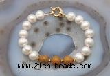 CFB1069 Hand-knotted 9mm - 10mm potato white freshwater pearl & wooden jasper bracelet