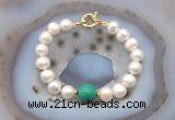 CFB1077 Hand-knotted 9mm - 10mm potato white freshwater pearl & grass agate bracelet
