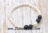 CFB617 6-7mm potato white freshwater pearl & black lava stretchy bracelet