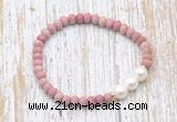 CFB728 faceted rondelle pink wooden jasper & potato white freshwater pearl stretchy bracelet