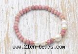 CFB729 faceted rondelle pink wooden jasper & potato white freshwater pearl stretchy bracelet